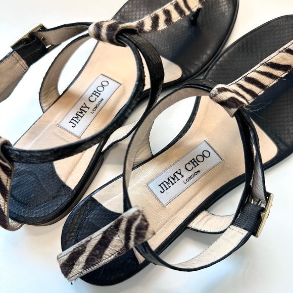 Jimmy Choo Zebra Haircalf & Black Leather Sandals – Size 38.5 – Made in Italy - Picture 4 of 9